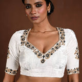 White Embroidered Blouse in Velvet with Half Sleeves and Back Cutout - Anvi Couture