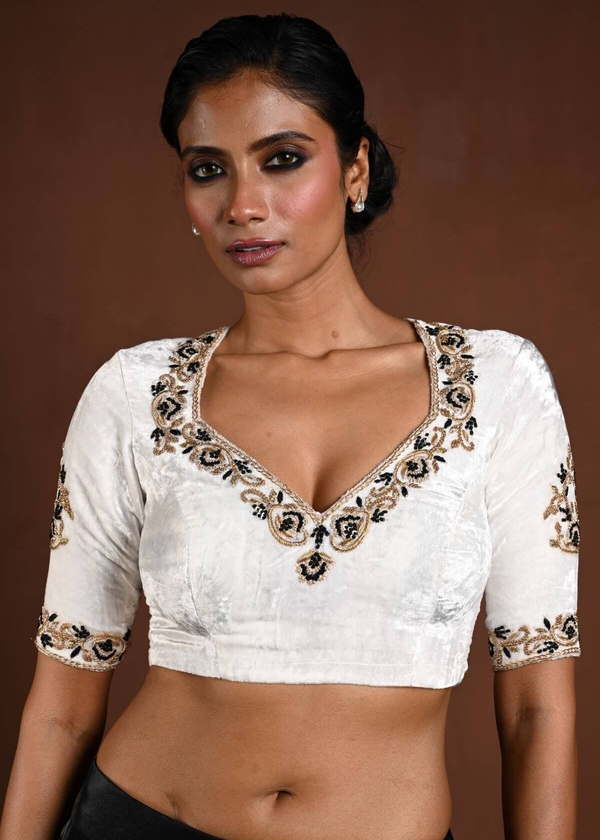 White Embroidered Blouse in Velvet with Half Sleeves and Back Cutout - Anvi Couture