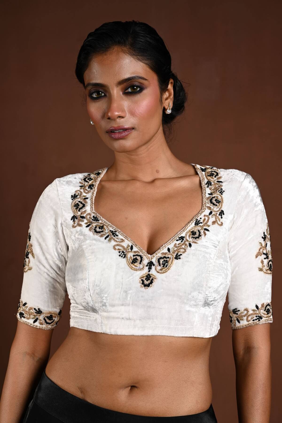 White Embroidered Blouse in Velvet with Half Sleeves and Back Cutout - Anvi Couture
