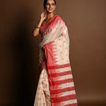 Red and White Tant Jamdani Saree with Red and Yellow Booti All-over and Temple Border - Anvi Couture