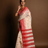 Red and White Tant Jamdani Saree with Red and Yellow Booti All-over and Temple Border - Anvi Couture