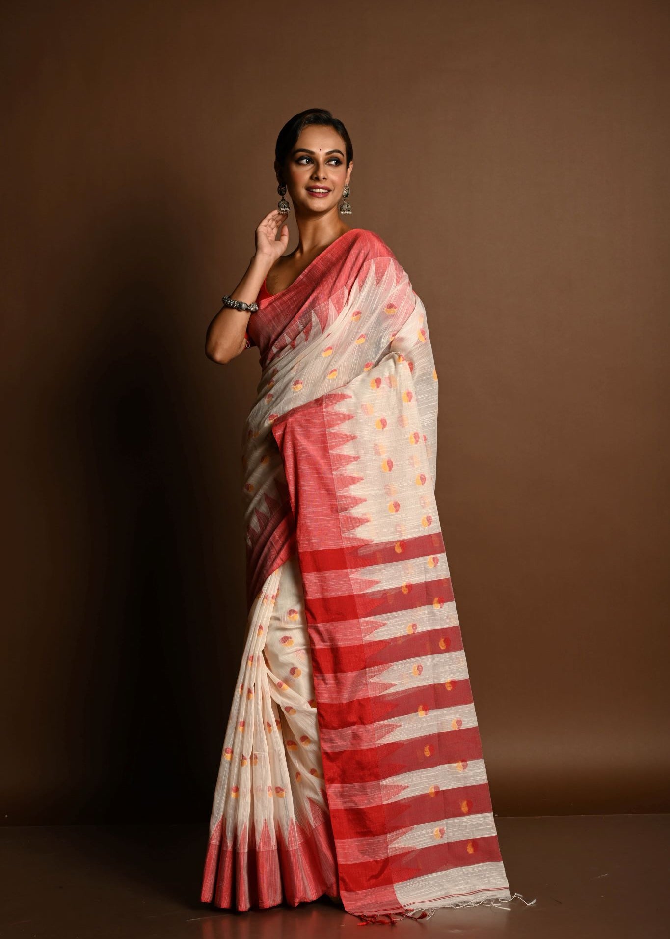 Red and White Tant Jamdani Saree with Red and Yellow Booti All-over and Temple Border - Anvi Couture