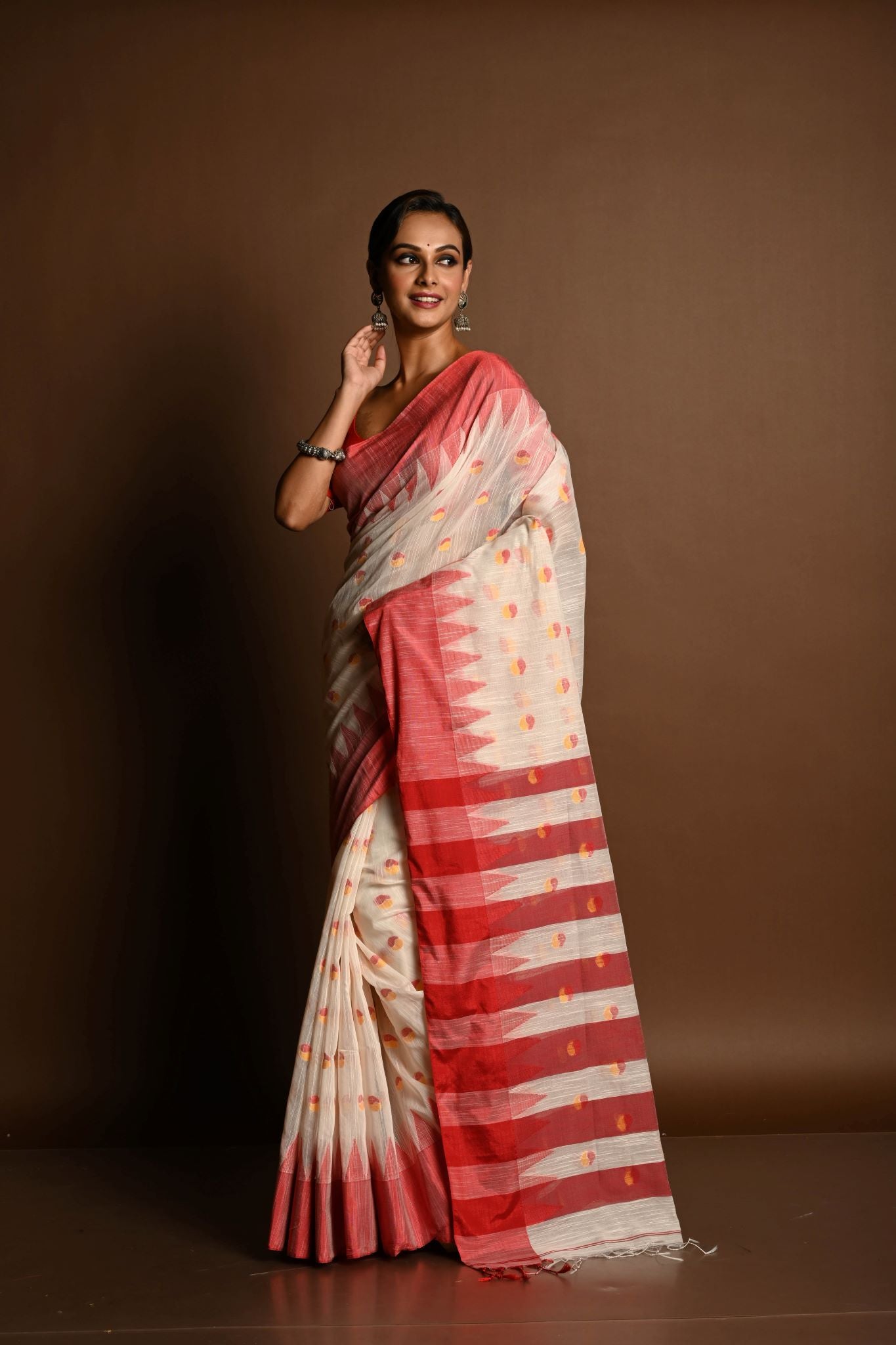 Red and White Tant Jamdani Saree with Red and Yellow Booti All-over and Temple Border - Anvi Couture