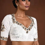 White Embroidered Blouse in Velvet with Half Sleeves and Back Cutout - Anvi Couture
