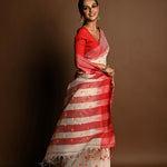 Red and White Tant Jamdani Saree with Red and Yellow Booti All-over and Temple Border - Anvi Couture