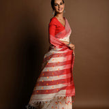 Red and White Tant Jamdani Saree with Red and Yellow Booti All-over and Temple Border - Anvi Couture