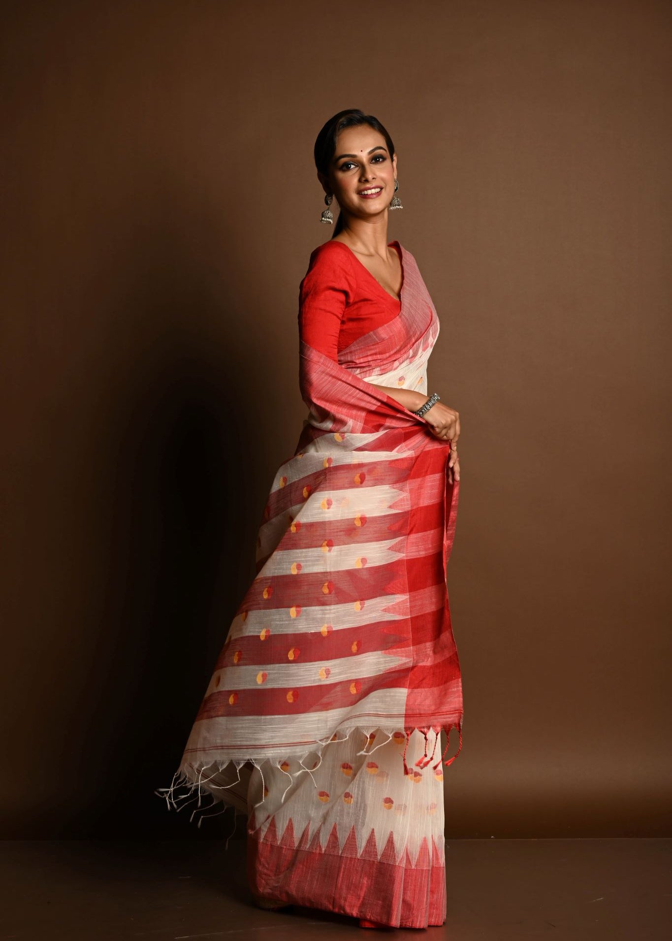 Red and White Tant Jamdani Saree with Red and Yellow Booti All-over and Temple Border - Anvi Couture