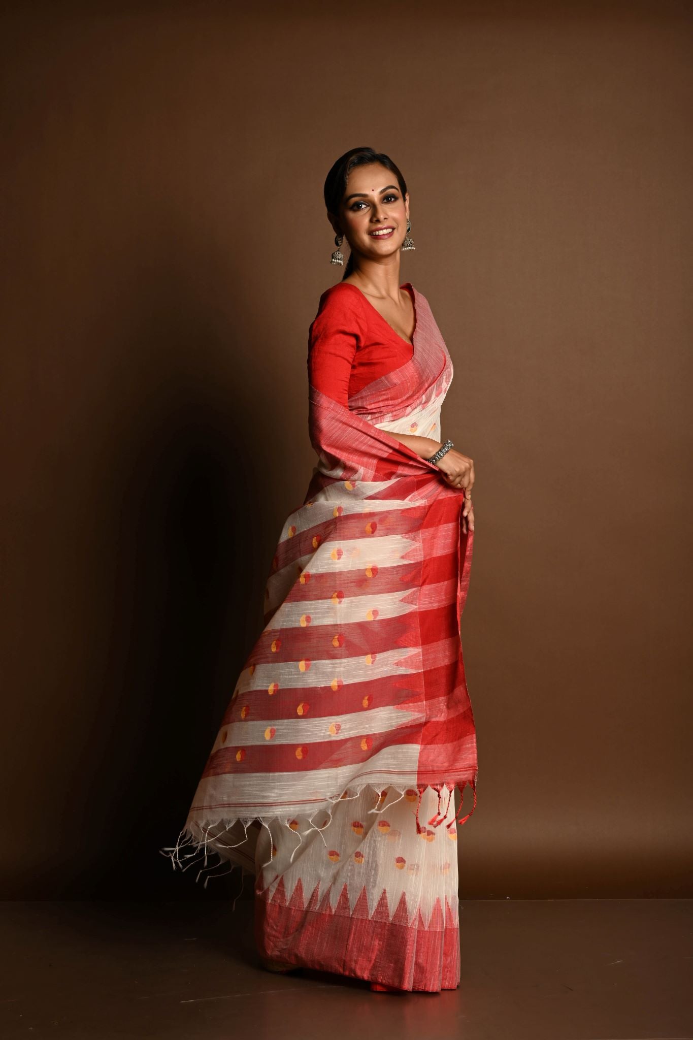 Red and White Tant Jamdani Saree with Red and Yellow Booti All-over and Temple Border - Anvi Couture