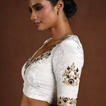 White Embroidered Blouse in Velvet with Half Sleeves and Back Cutout - Anvi Couture
