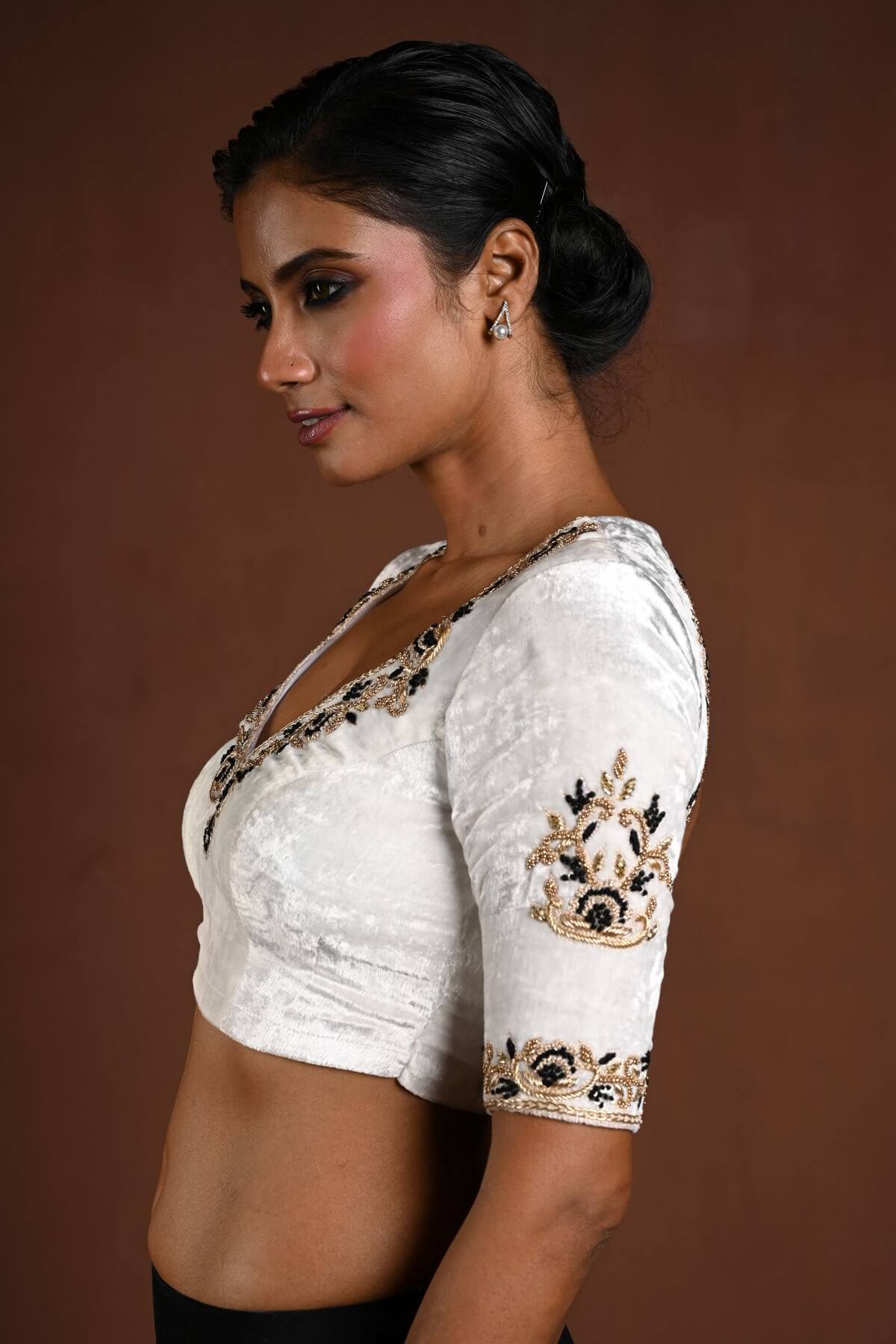 White Embroidered Blouse in Velvet with Half Sleeves and Back Cutout - Anvi Couture