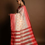 Red and White Tant Jamdani Saree with Red and Yellow Booti All-over and Temple Border - Anvi Couture