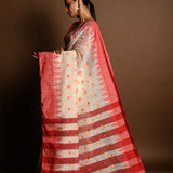 Red and White Tant Jamdani Saree with Red and Yellow Booti All-over and Temple Border - Anvi Couture