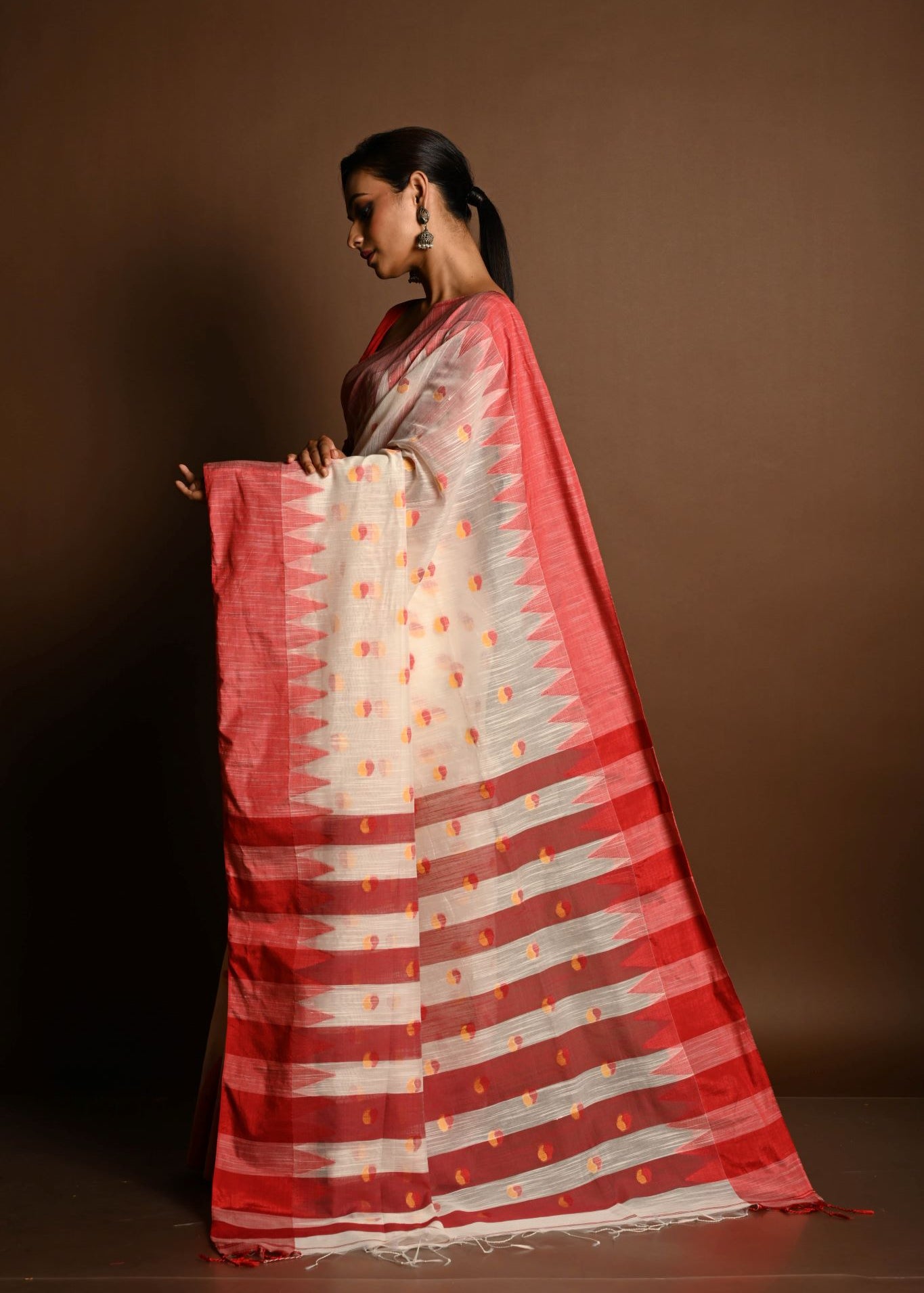 Red and White Tant Jamdani Saree with Red and Yellow Booti All-over and Temple Border - Anvi Couture