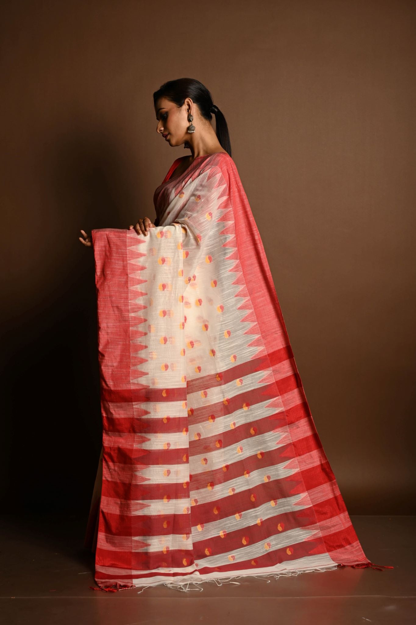 Red and White Tant Jamdani Saree with Red and Yellow Booti All-over and Temple Border - Anvi Couture