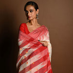 Red and White Tant Jamdani Saree with Red and Yellow Booti All-over and Temple Border - Anvi Couture