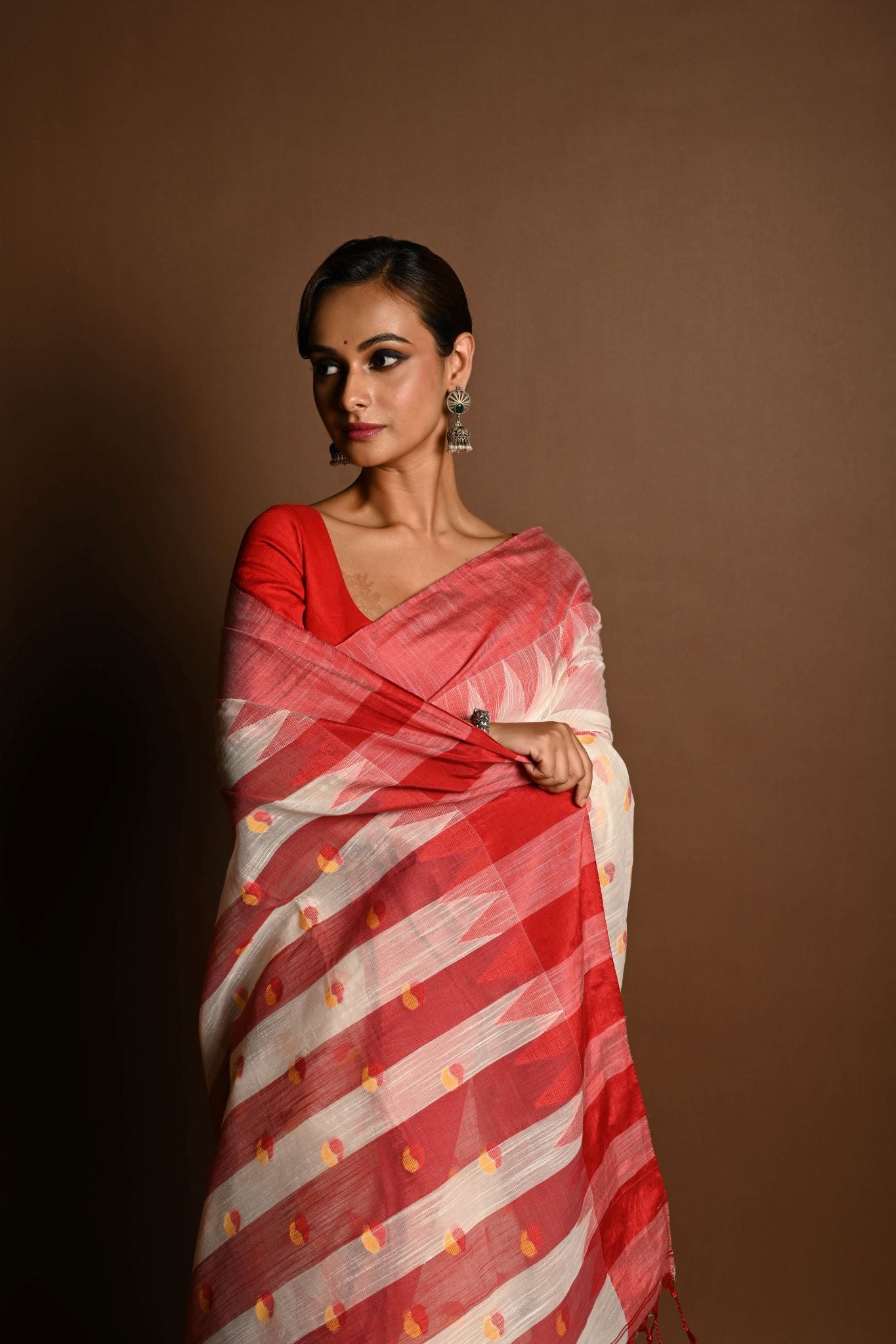 Red and White Tant Jamdani Saree with Red and Yellow Booti All-over and Temple Border - Anvi Couture