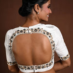White Embroidered Blouse in Velvet with Half Sleeves and Back Cutout - Anvi Couture
