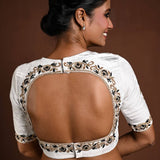 White Embroidered Blouse in Velvet with Half Sleeves and Back Cutout - Anvi Couture
