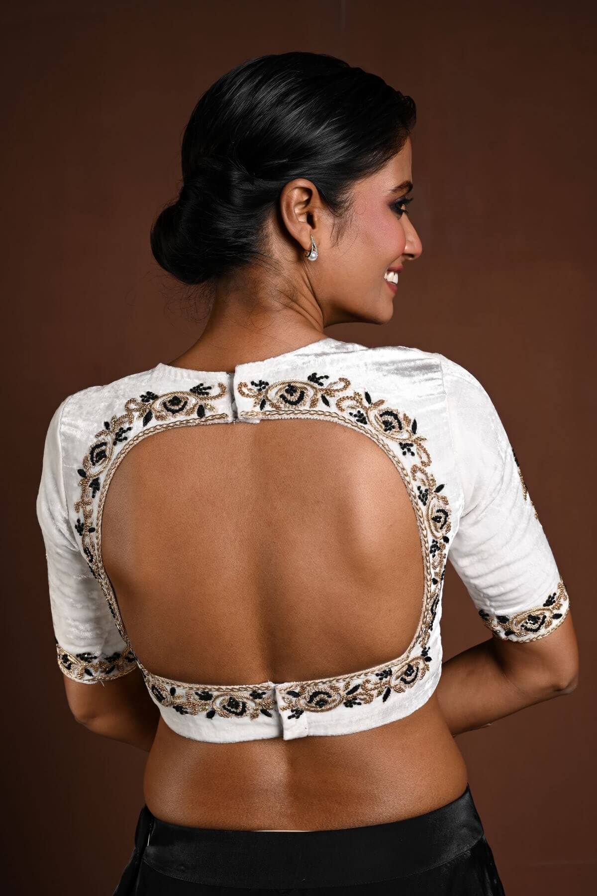White Embroidered Blouse in Velvet with Half Sleeves and Back Cutout - Anvi Couture