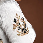 White Embroidered Blouse in Velvet with Half Sleeves and Back Cutout - Anvi Couture