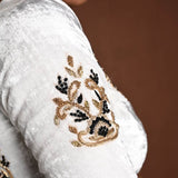 White Embroidered Blouse in Velvet with Half Sleeves and Back Cutout - Anvi Couture