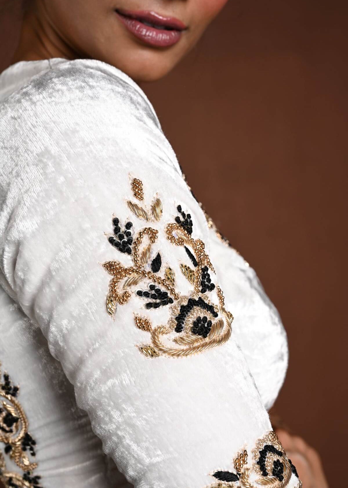 White Embroidered Blouse in Velvet with Half Sleeves and Back Cutout - Anvi Couture