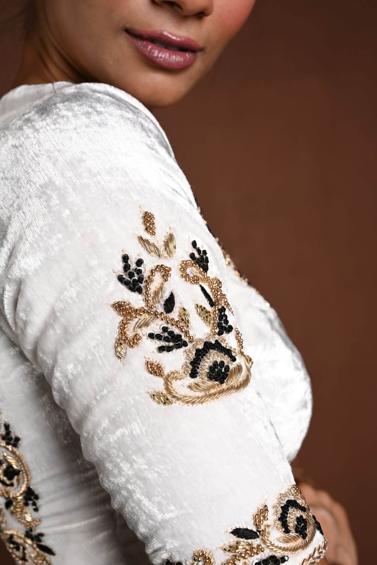 White Embroidered Blouse in Velvet with Half Sleeves and Back Cutout - Anvi Couture