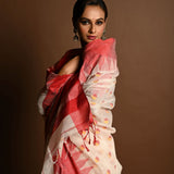 Red and White Tant Jamdani Saree with Red and Yellow Booti All-over and Temple Border - Anvi Couture