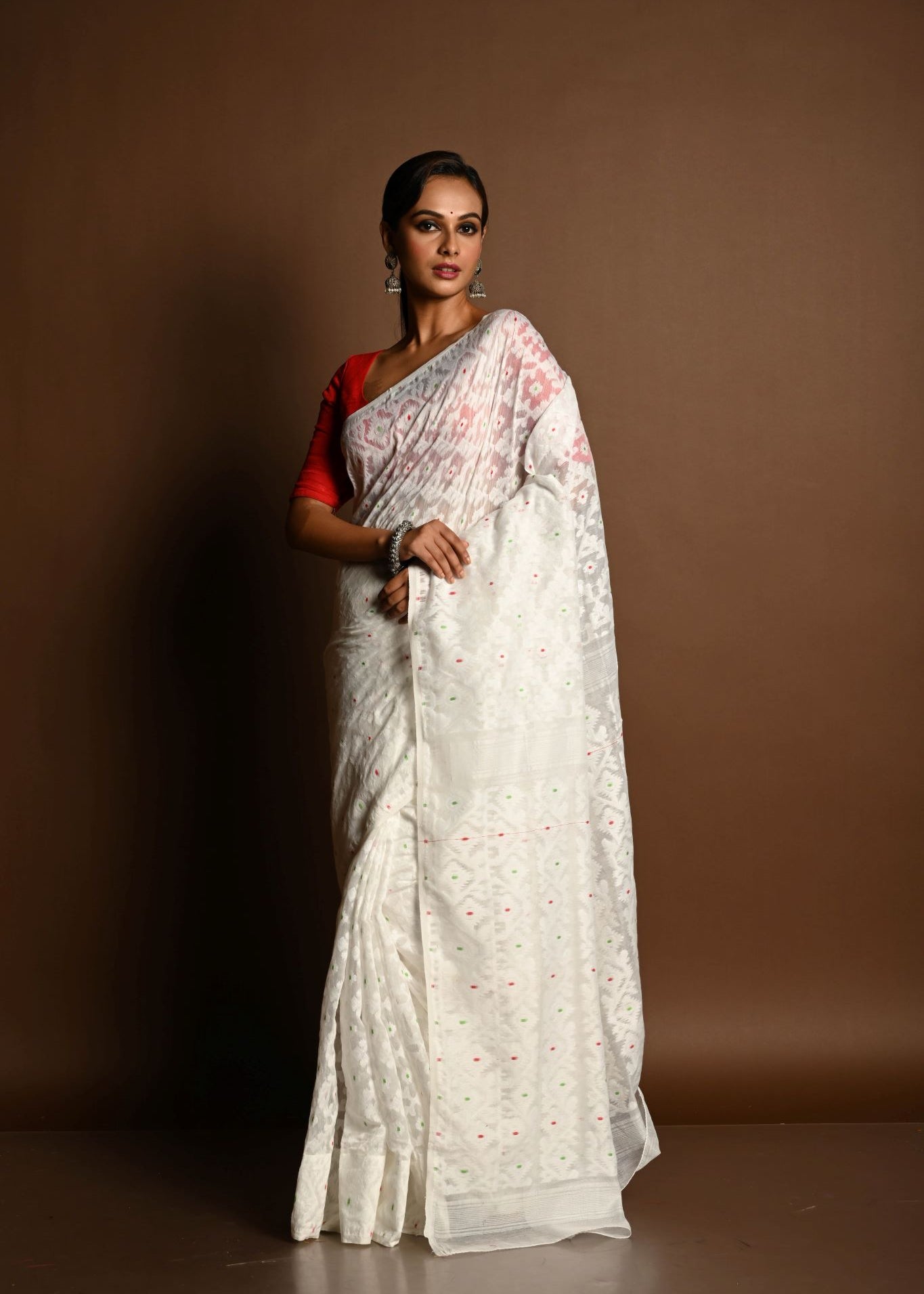 White Jamdani Saree in Soft Handloom Cotton- Anvi Couture