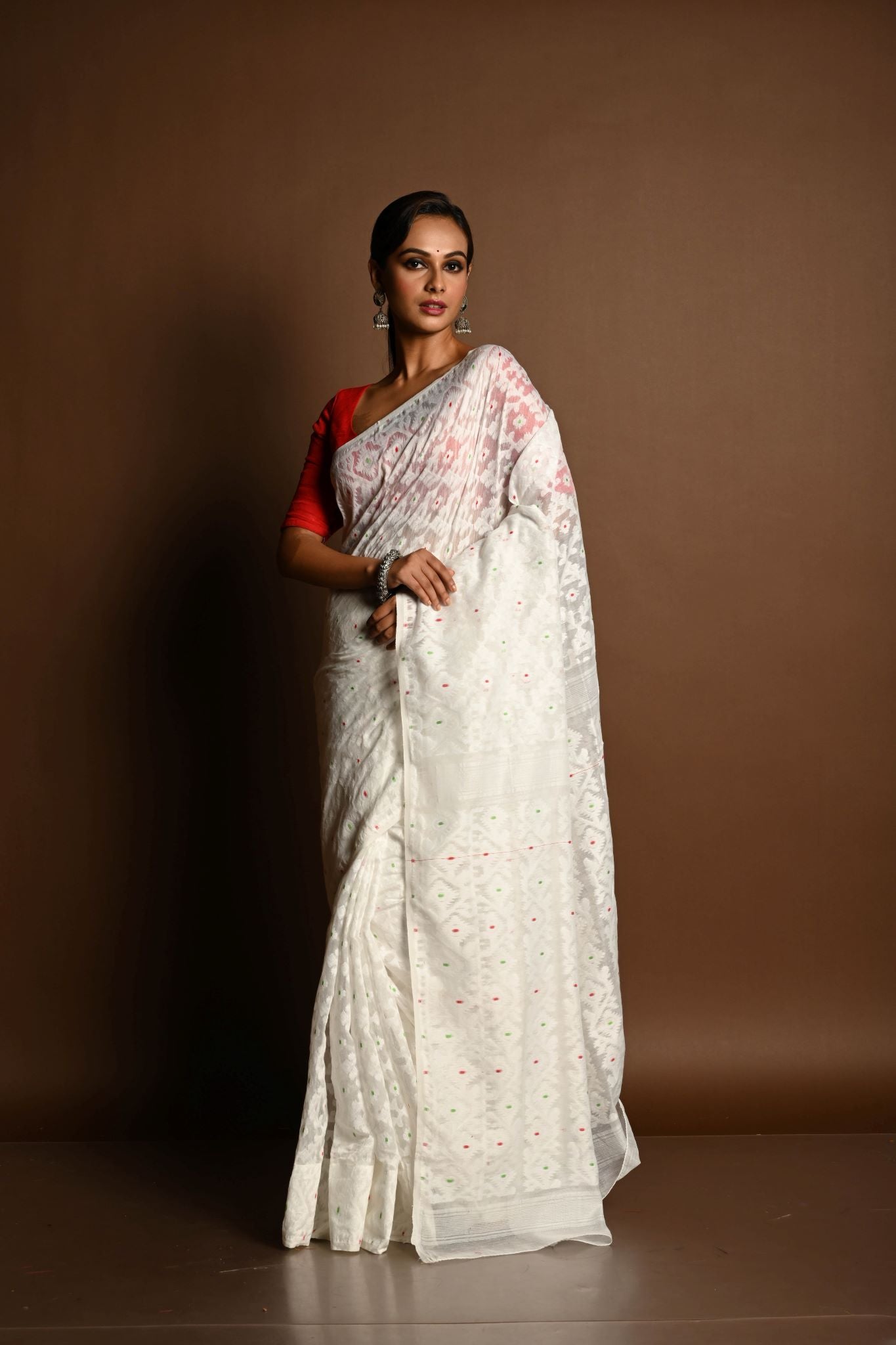 White Jamdani Saree in Soft Handloom Cotton- Anvi Couture