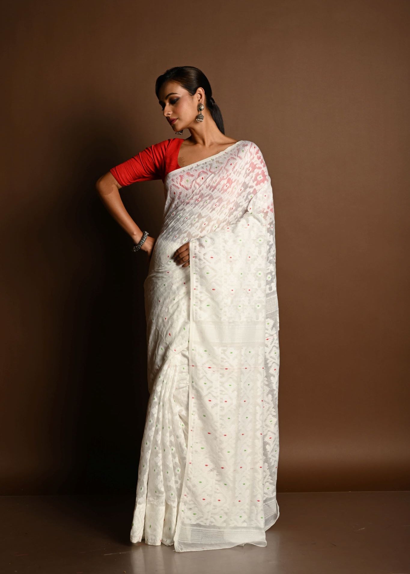 White Jamdani Saree in Soft Handloom Cotton- Anvi Couture