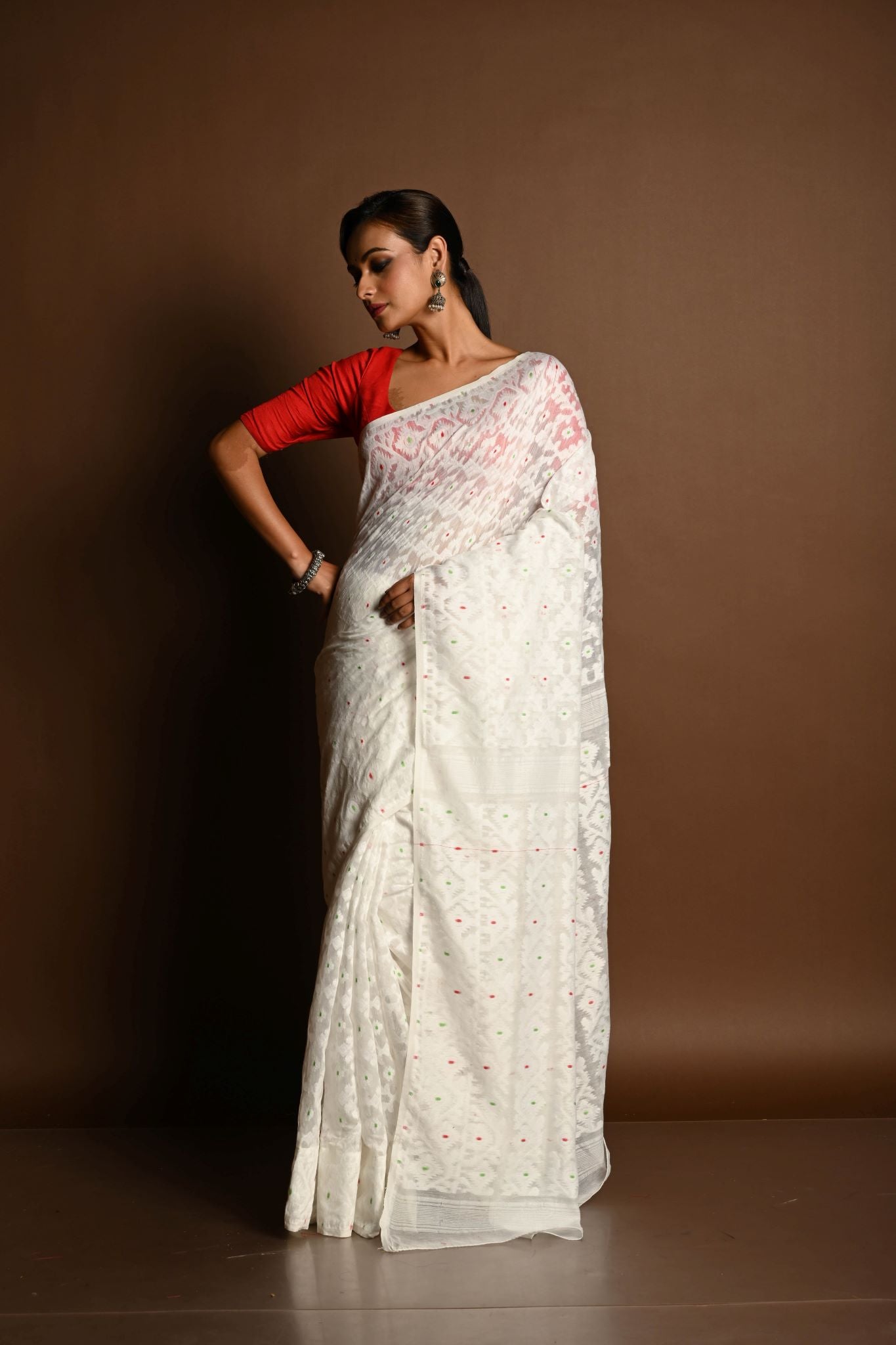 White Jamdani Saree in Soft Handloom Cotton- Anvi Couture