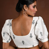 White Puff Sleeve Cotton Blouse with Fish Motifs - Anvi Couture