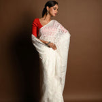 White Jamdani Saree in Soft Handloom Cotton- Anvi Couture