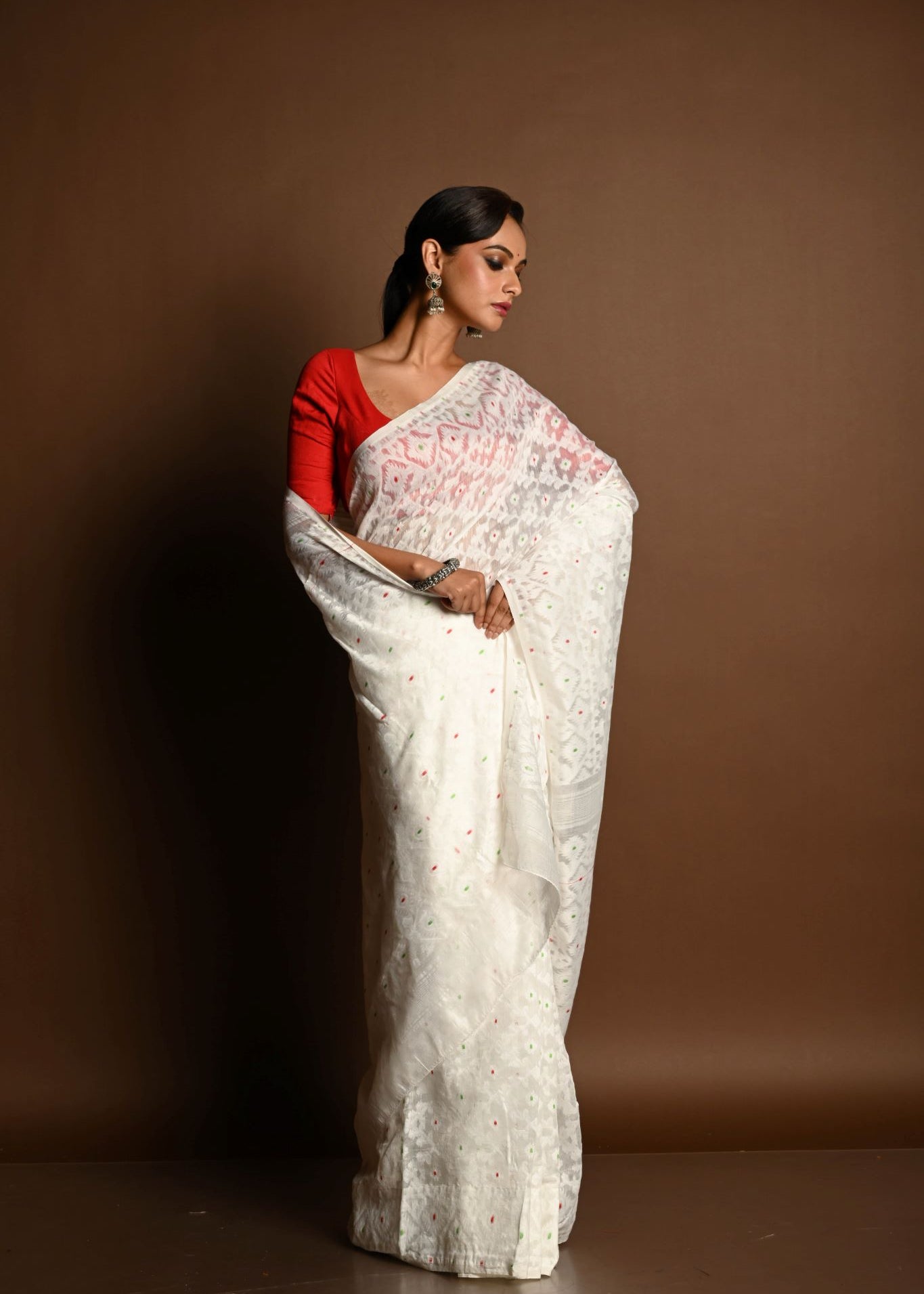 White Jamdani Saree in Soft Handloom Cotton- Anvi Couture