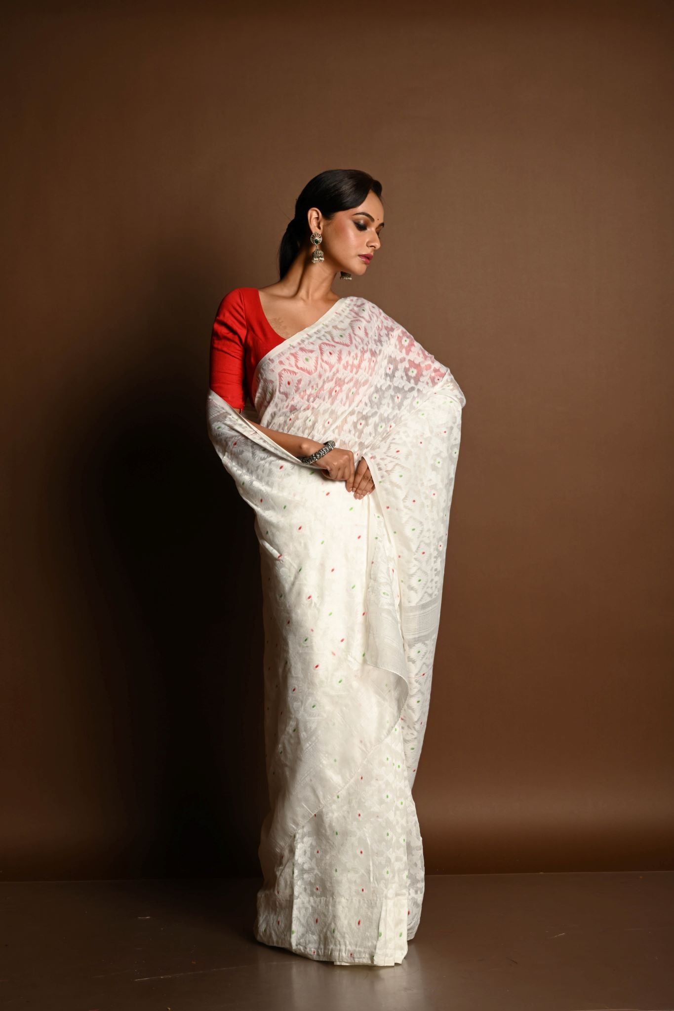 White Jamdani Saree in Soft Handloom Cotton- Anvi Couture