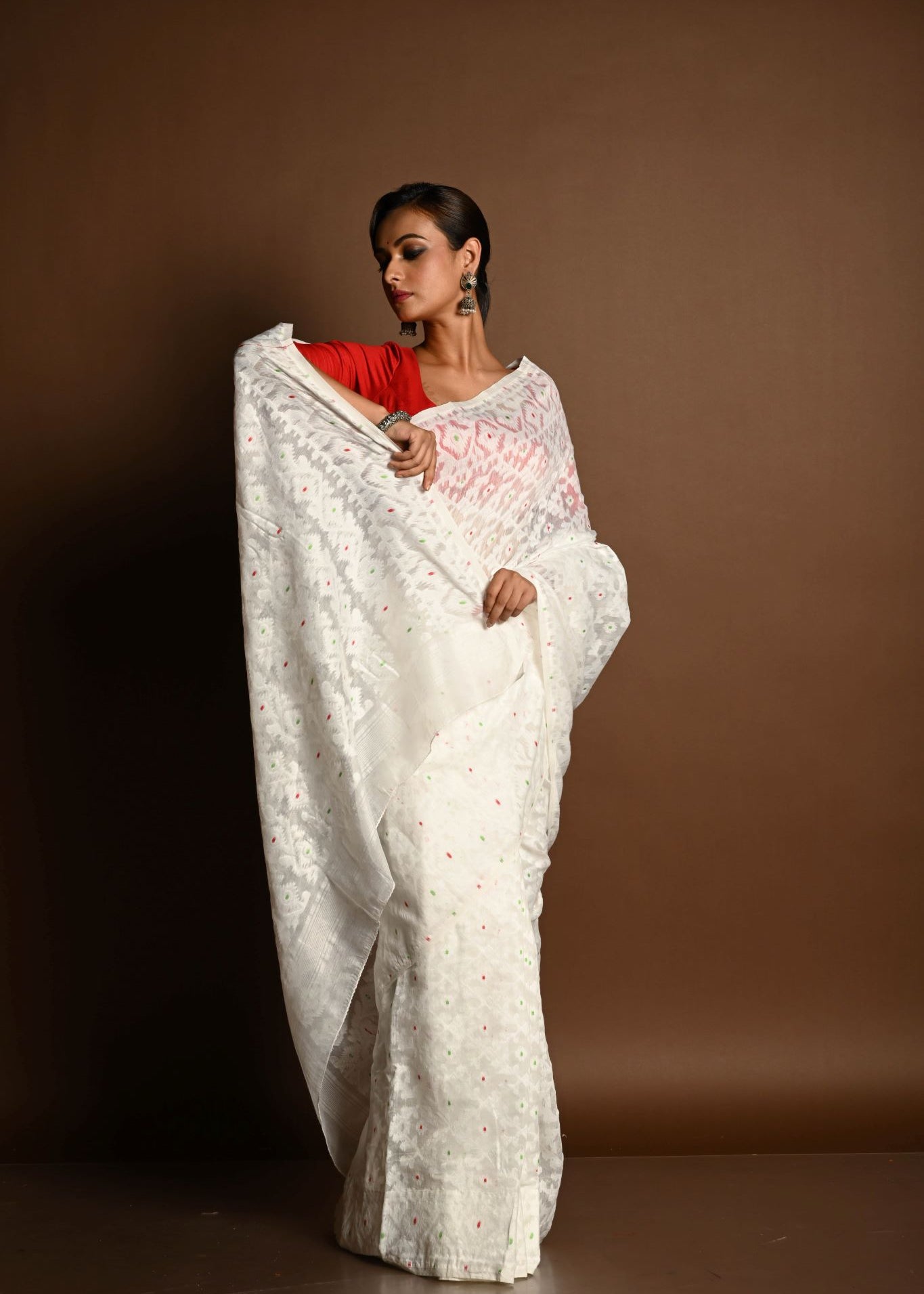 White Jamdani Saree in Soft Handloom Cotton- Anvi Couture