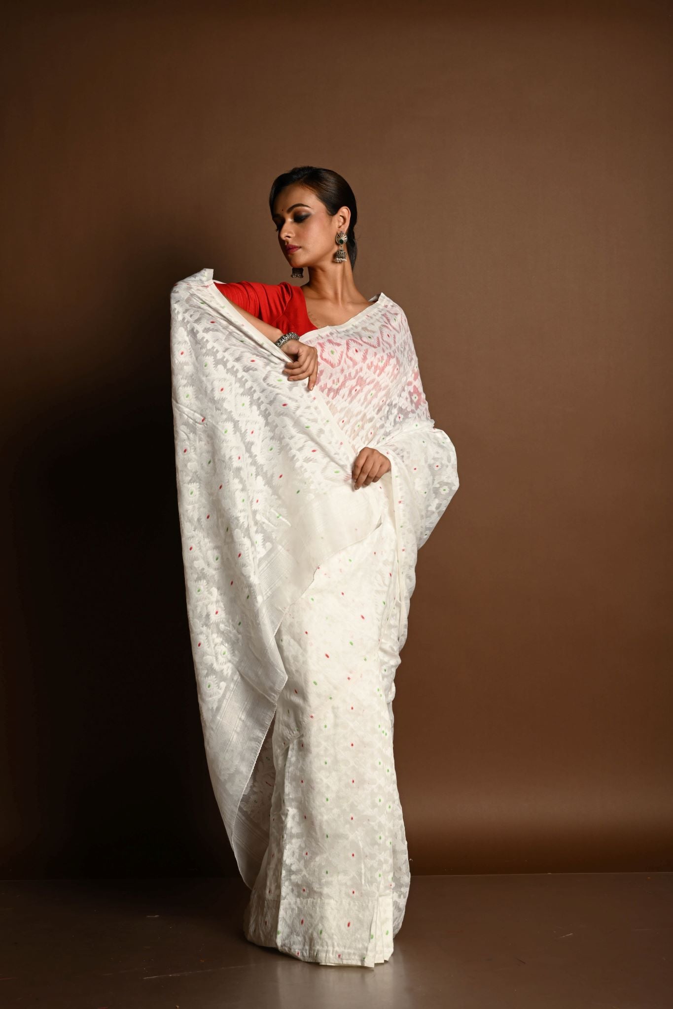 White Jamdani Saree in Soft Handloom Cotton- Anvi Couture