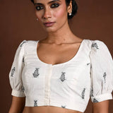White Puff Sleeve Cotton Blouse with Fish Motifs - Anvi Couture