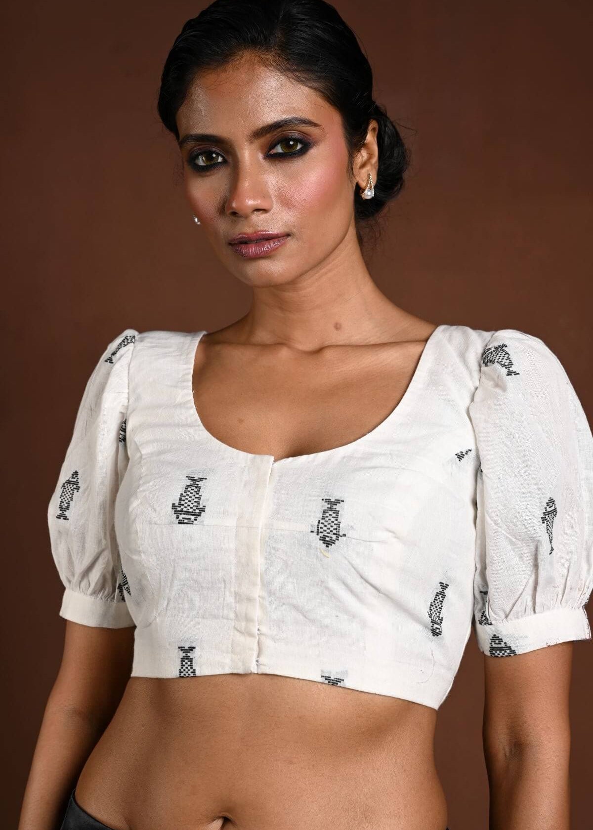 White Puff Sleeve Cotton Blouse with Fish Motifs - Anvi Couture