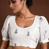 White Puff Sleeve Cotton Blouse with Fish Motifs - Anvi Couture