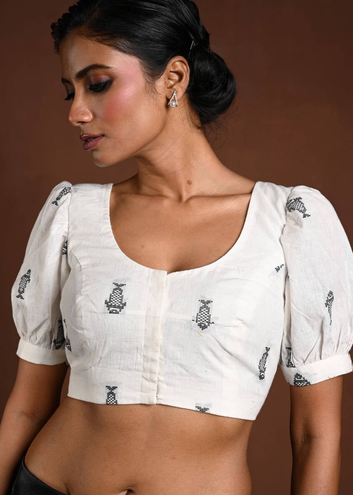 White Puff Sleeve Cotton Blouse with Fish Motifs - Anvi Couture