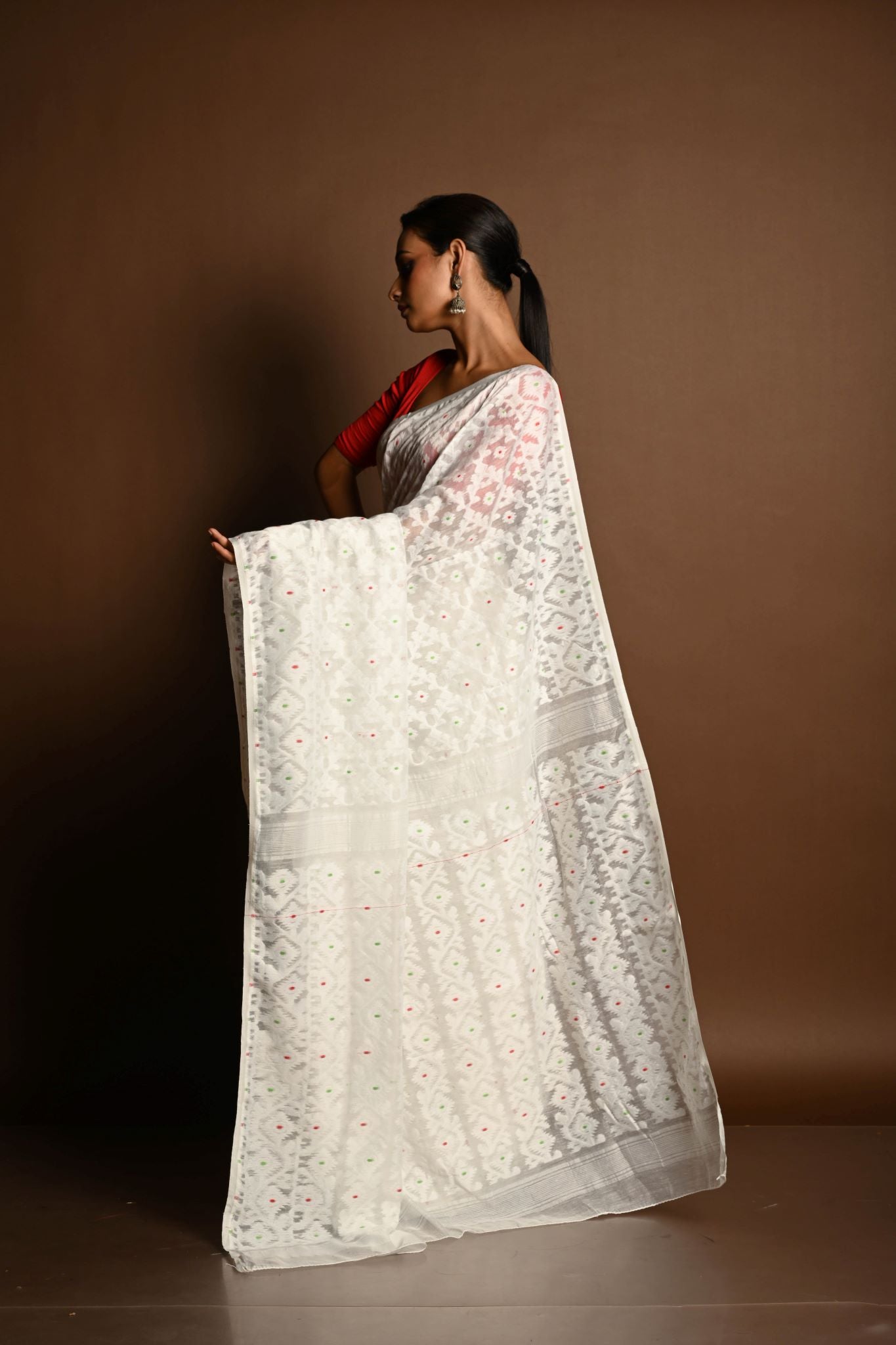 White Jamdani Saree in Soft Handloom Cotton- Anvi Couture