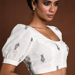 White Puff Sleeve Cotton Blouse with Fish Motifs - Anvi Couture