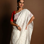 White Jamdani Saree in Soft Handloom Cotton- Anvi Couture