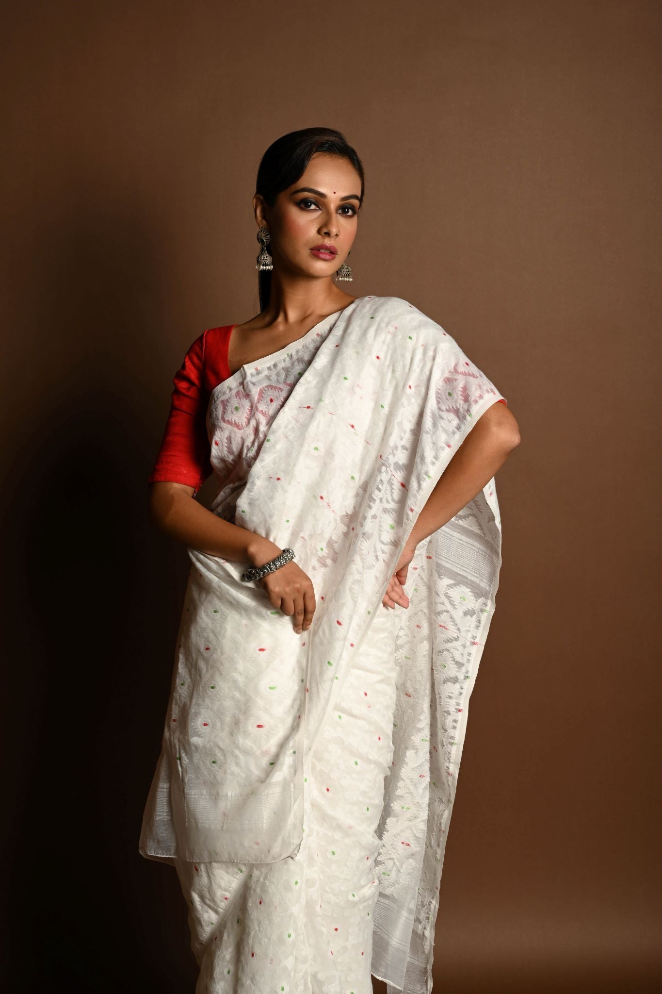 White Jamdani Saree in Soft Handloom Cotton- Anvi Couture