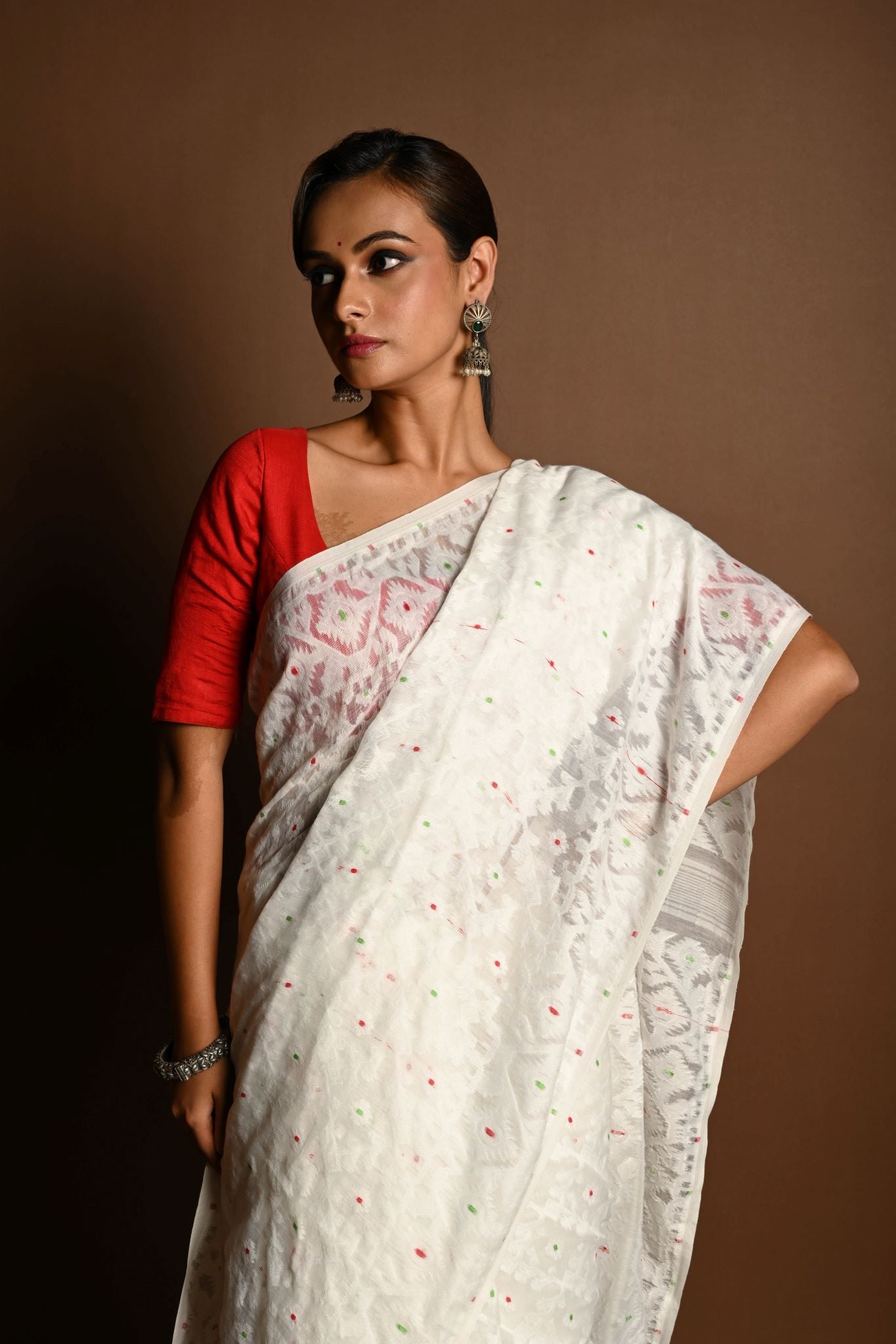 White Jamdani Saree in Soft Handloom Cotton- Anvi Couture