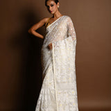 White and Gold Tant Jamdani Saree with All Over Jaal Work - Anvi Couture