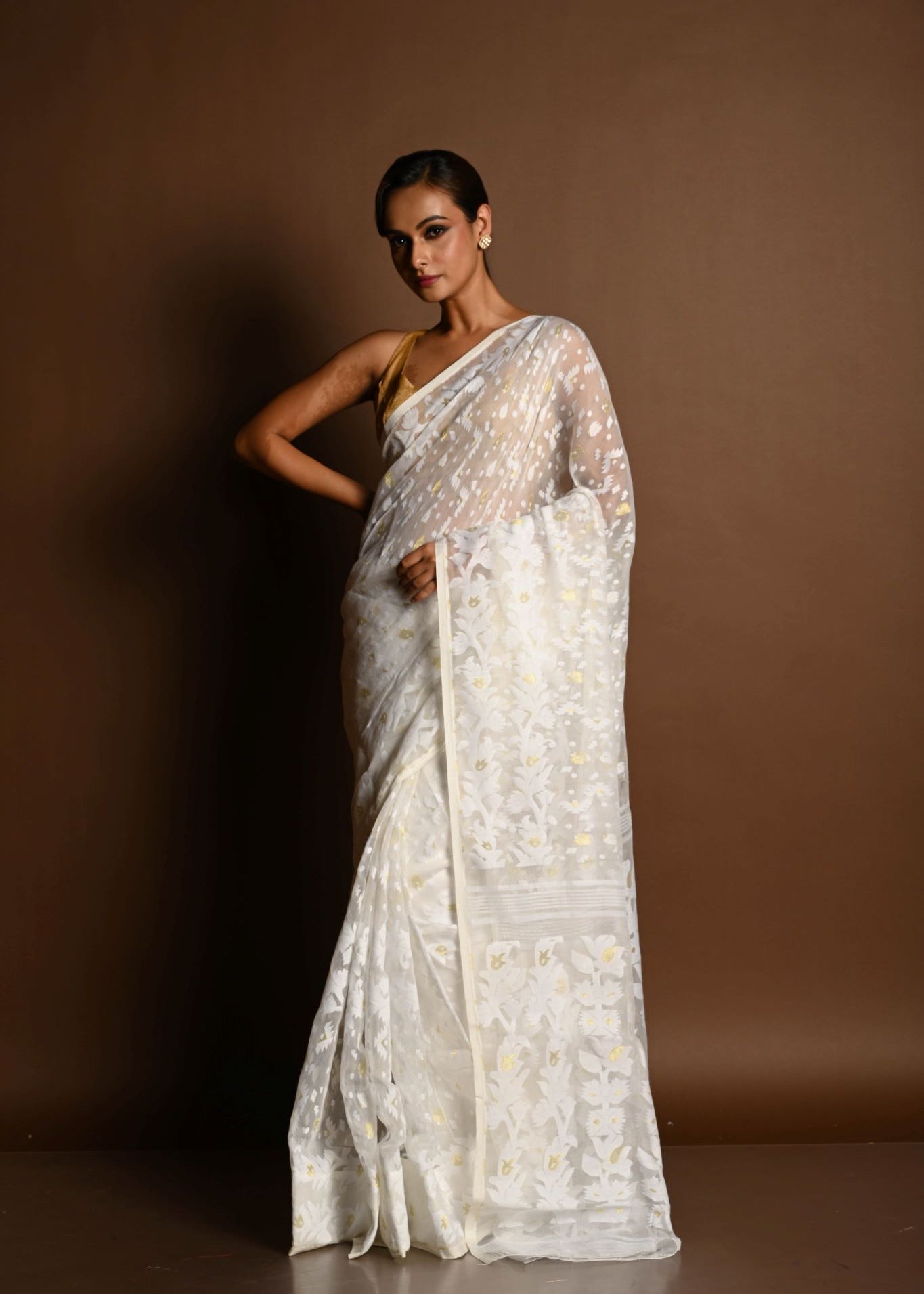 White and Gold Tant Jamdani Saree with All Over Jaal Work - Anvi Couture