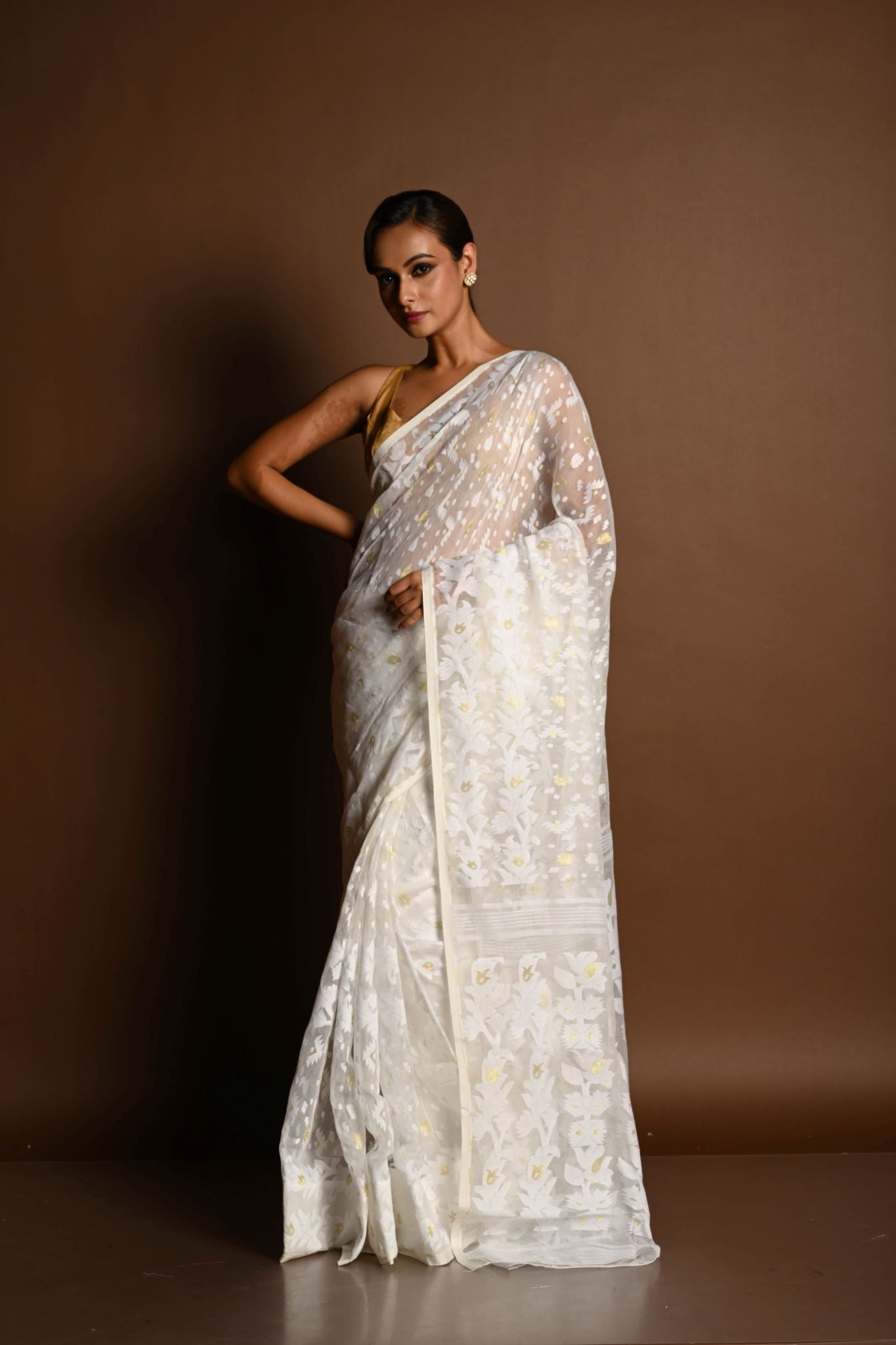 White and Gold Tant Jamdani Saree with All Over Jaal Work - Anvi Couture